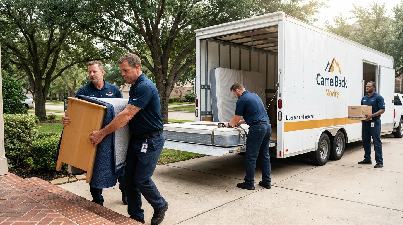 Crew loading residential truck for cross-state move from Stanford, CA