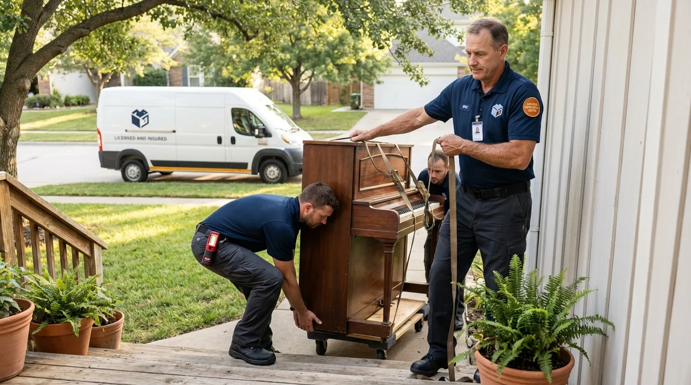 Licensed piano movers securing grand piano in Stanford, CA