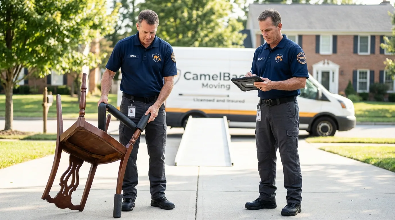 Movers inspecting furniture for damage prevention before loading in Stanford, CA