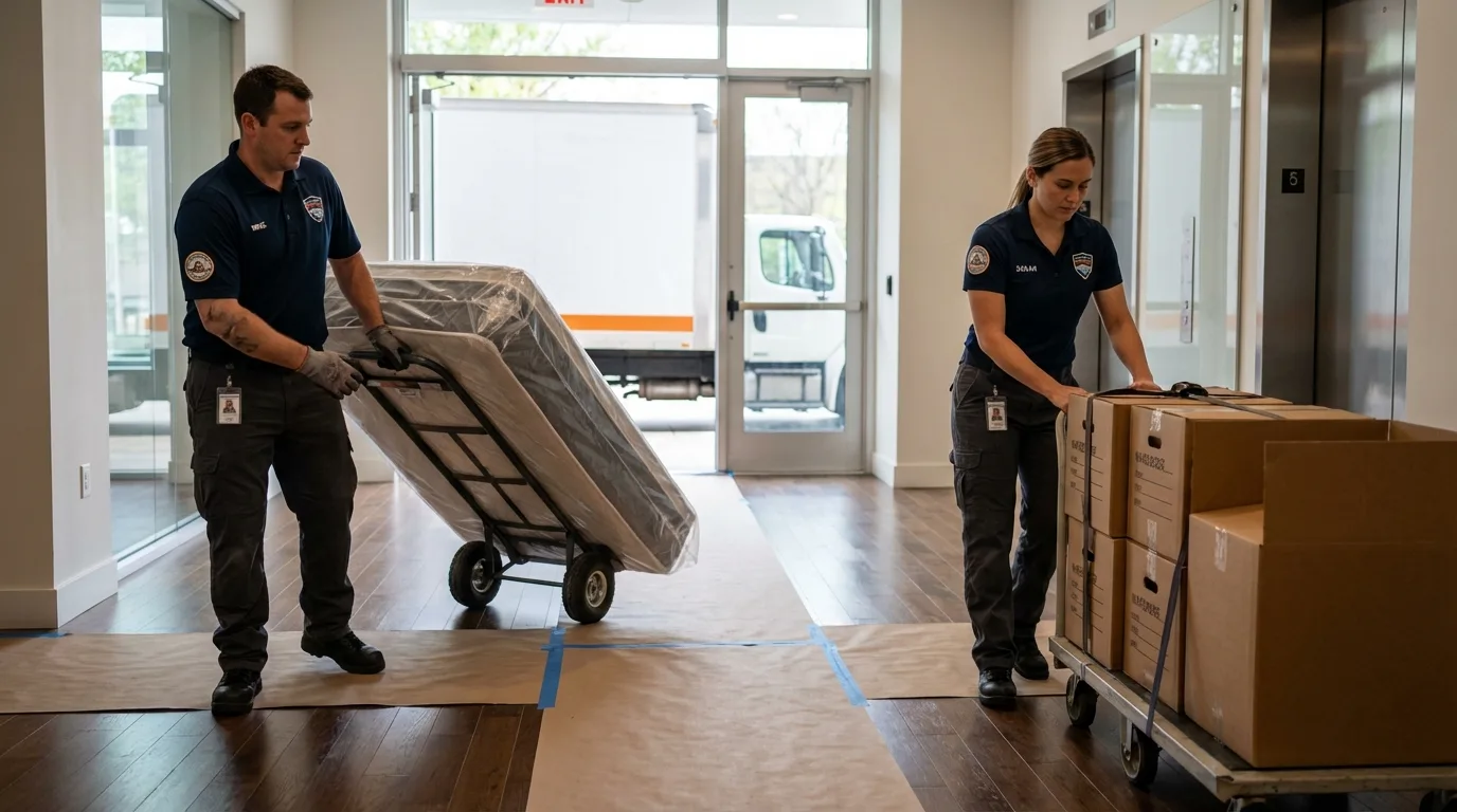 Professional apartment movers loading elevator in Stanford, CA