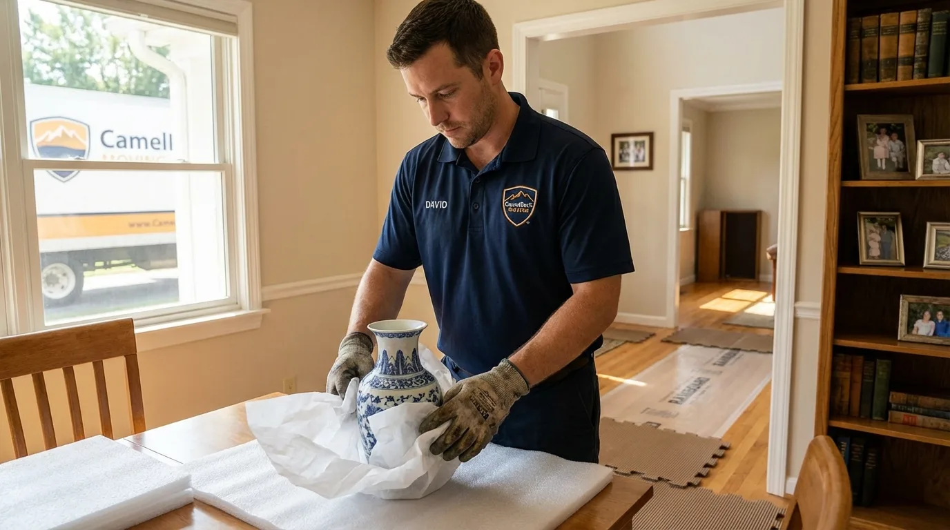 Professional crew carefully wrapping antique vase for senior downsizing move in Stanford, CA